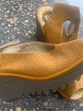 Fly London Mustard Perforated Platform Wedge Sandals